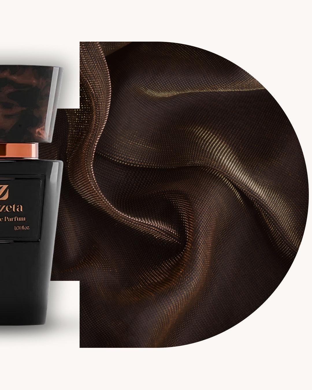 Detailansicht des Chogan 136 Extrait de Parfum, schwarzer Flakon links, rechts dunkelbrauner glänzender Stoffhintergrund mit feiner Struktur, Duftfamilie ähnlich Dior Homme Intense.