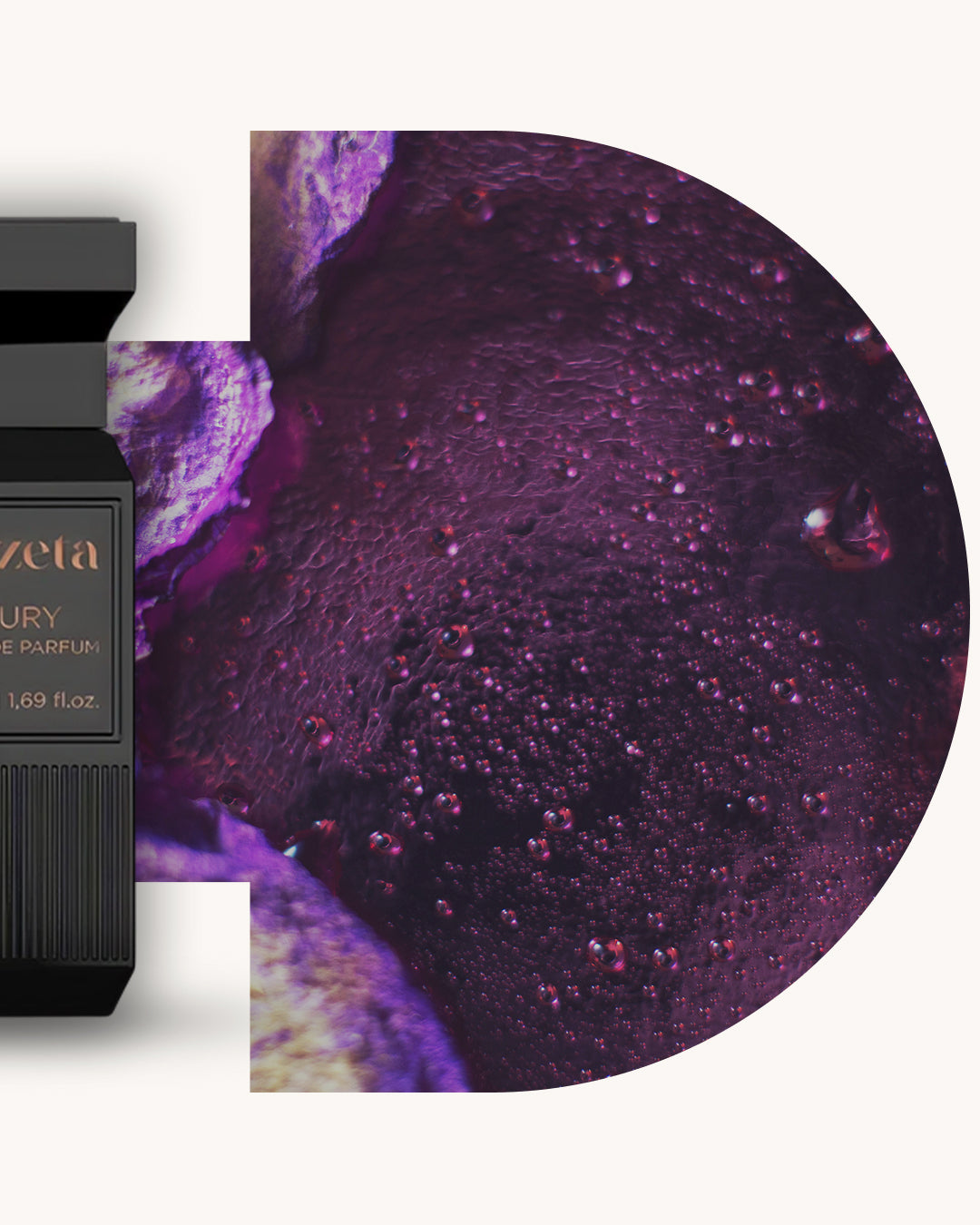 Detailansicht des Chogan 138 Extrait de Parfum, schwarzer Flakon links, rechts dunkelviolette Marmorstruktur mit feinem Glanz und Textur, Duftfamilie ähnlich Wood Whisper.