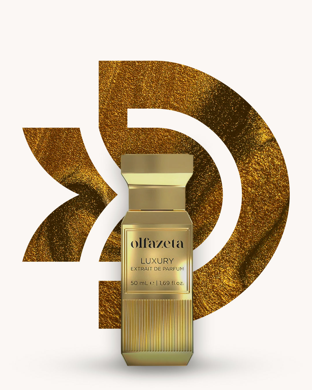 Chogan 141 Extrait de Parfum, goldfarbener Flakon mit geriffeltem Körper und quadratischer Kappe vor golden glitzerndem D-förmigem Hintergrund, Duftfamilie ähnlich Turath.