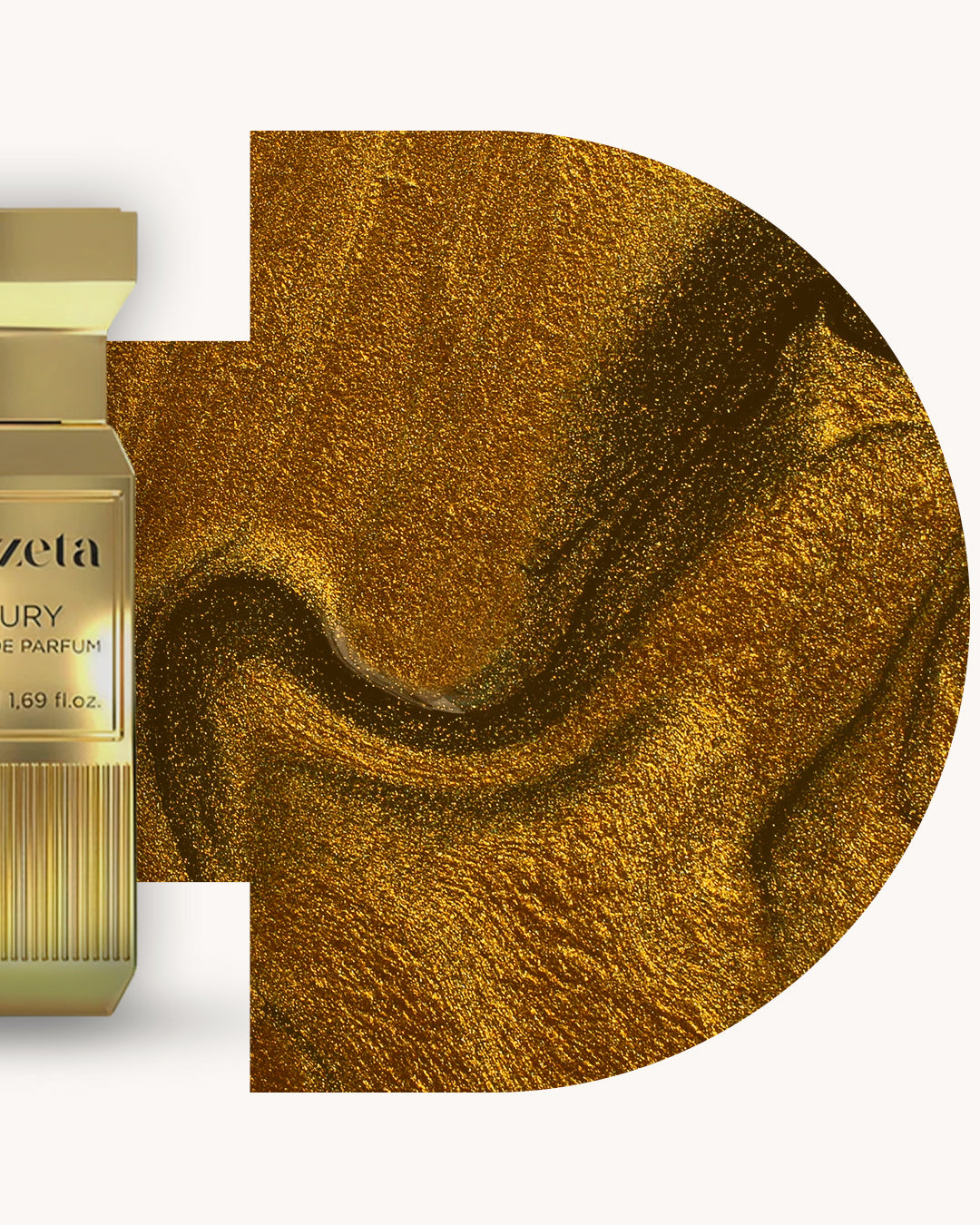 Detailansicht des Chogan 141 Extrait de Parfum, goldfarbener Flakon links, rechts goldglitzernder Hintergrund mit funkelnder Struktur, Duftfamilie ähnlich Turath.