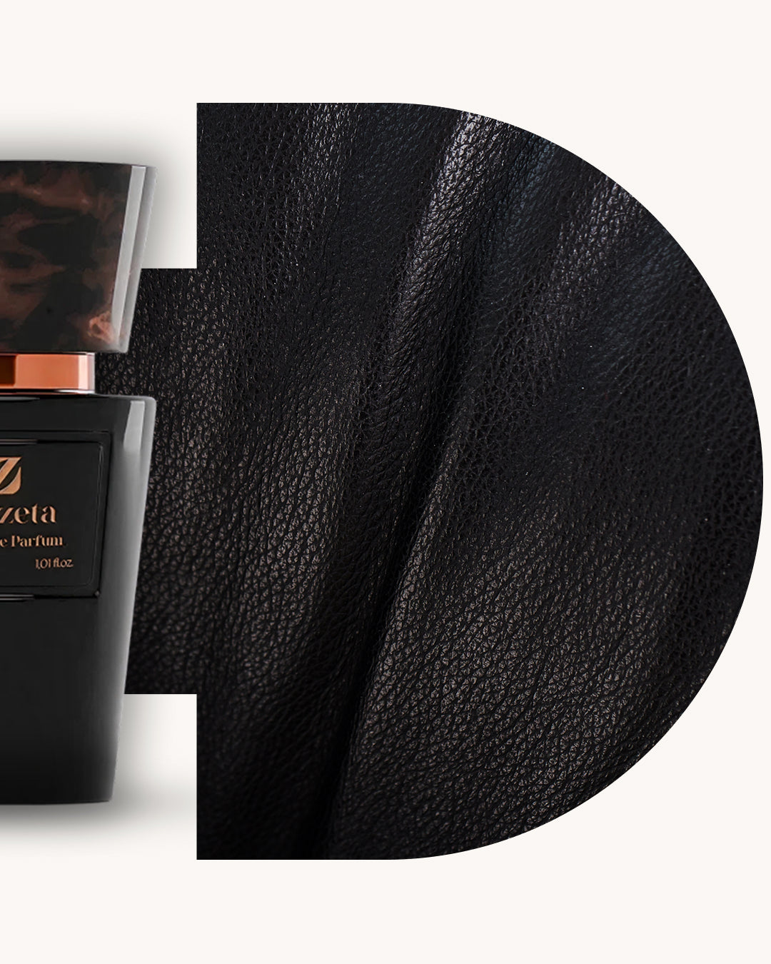 Detailansicht des Chogan 142 Extrait de Parfum, schwarzer Flakon links, rechts strukturierte schwarze Lederoptik mit Glanzverlauf, Duftfamilie ähnlich Ombre Leather.