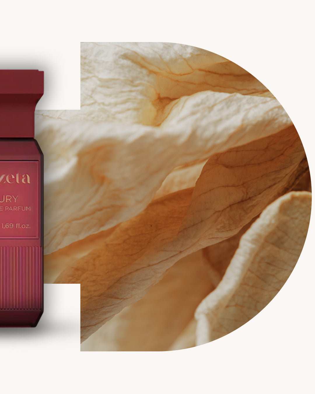 Detailansicht des Chogan 143 Extrait de Parfum, roter Flakon links, rechts beige-braune Marmorstruktur mit weichen Farbverläufen, Duftfamilie ähnlich Vanilla Powder.