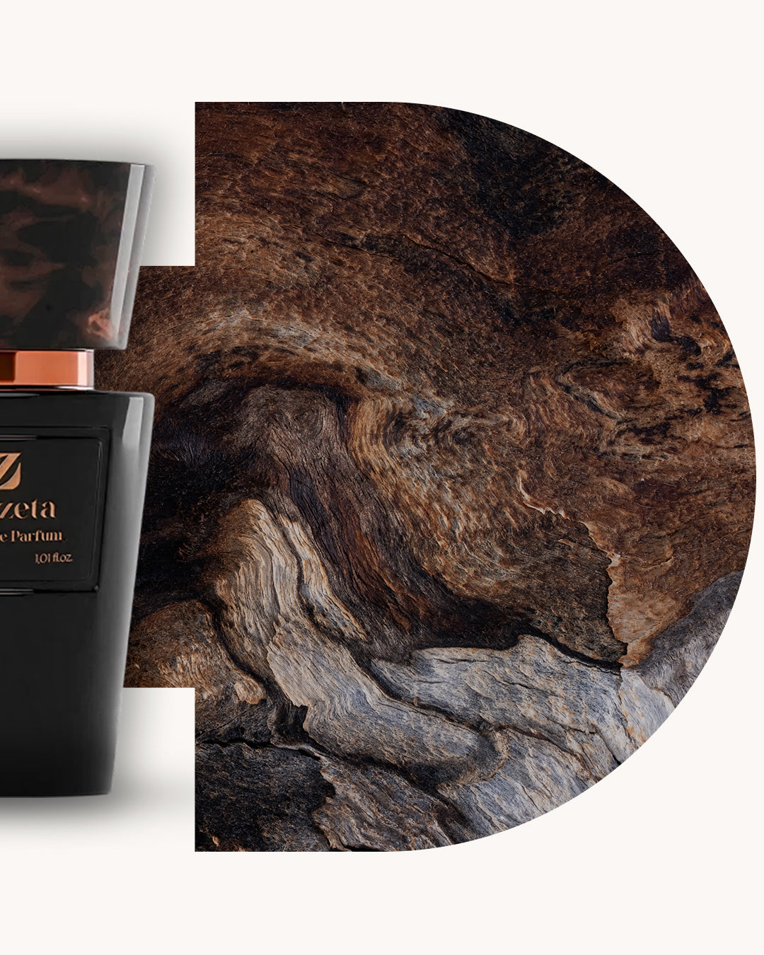 Detailansicht des Chogan 250 Extrait de Parfum, schwarzer Flakon mit brauner Marmorstruktur links, rechts braune Holzmaserung mit natürlichen Strukturen, Duftfamilie ähnlich Burberry for Men.
