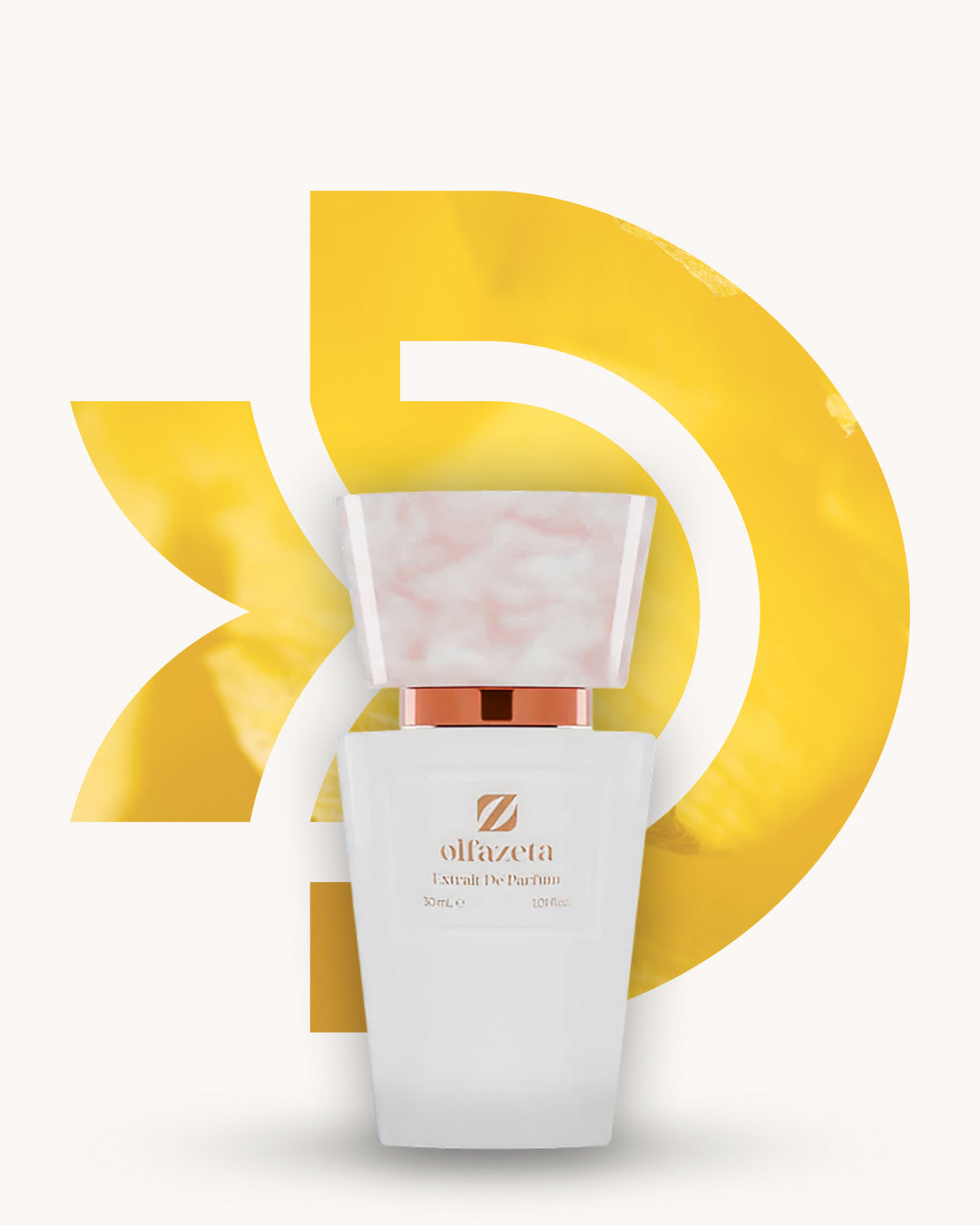 Chogan 277 Extrait de Parfum, weisser Flakon mit rosamarmorierter Verschlusskappe vor goldenem abstraktem Hintergrund, Duftfamilie ähnlich Gucci Flora.