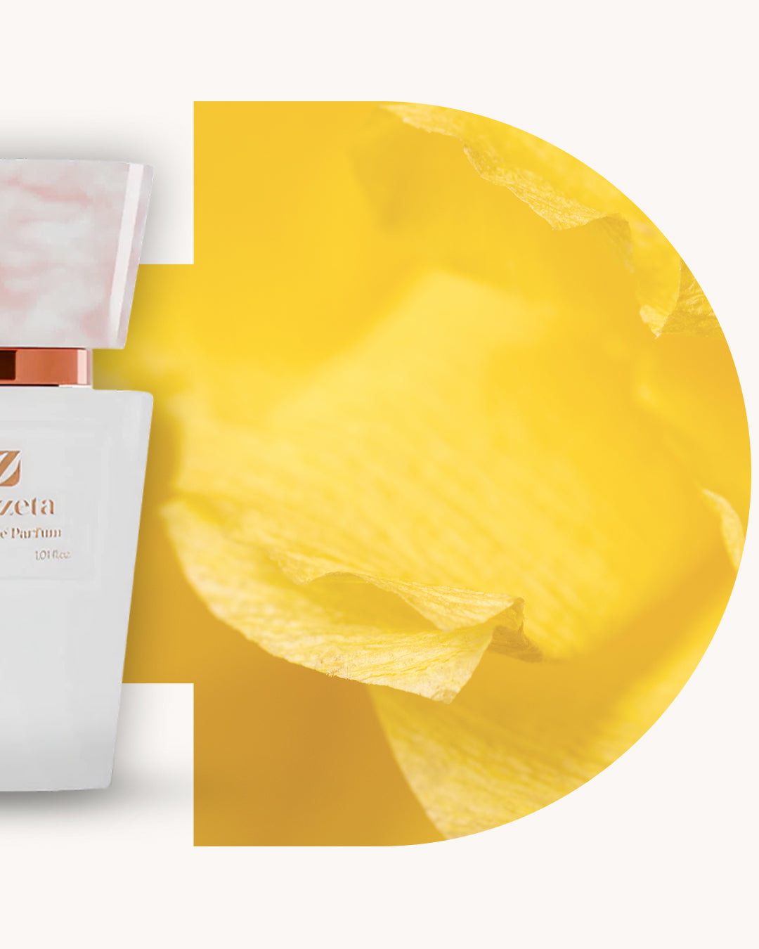 Detailansicht des Chogan 277 Extrait de Parfum, weisser Flakon mit rosamarmorierter Kappe links, rechts gelbe Blütenblattstruktur, Duftfamilie ähnlich Gucci Flora.